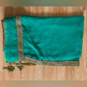 {Firm Price} Teal saree with gold trim, sparkles on pallu